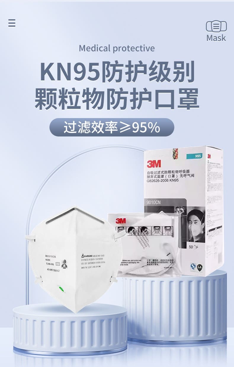 3M 9010CN 防颗粒物口罩 （非油性颗粒物、病毒微生物、折叠式、头带式、美国NIOSH N95认证和中国KN95认证）
